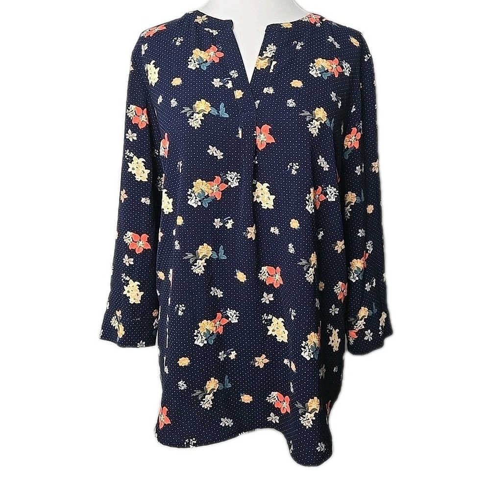 Dalia Blue Floral 3/4 Sleeve Tunic Top Large L